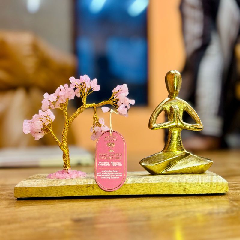 Roze Quartz Gemstone Yoga Garden Tilted Tree - Namaste Pose - 100 Stones