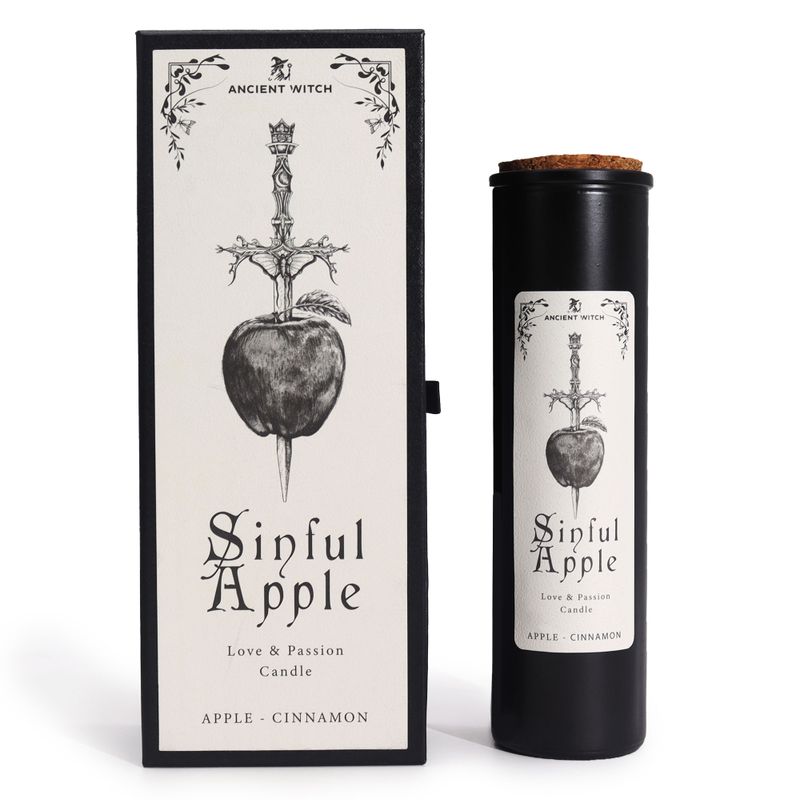 Sinful Apple Ancient Witch ritual candle and matching gift box, front view