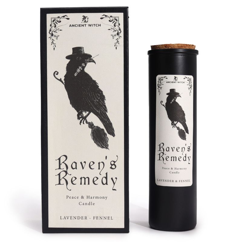 Raven's Remedy Ancient Witch ritual candle and matching gift box, front view