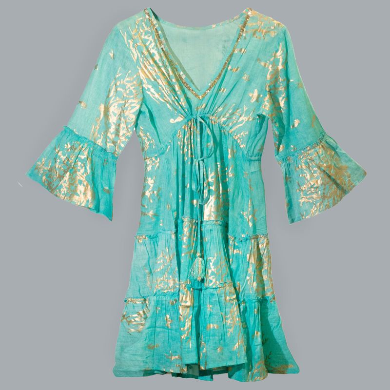(ML) Nomad Sari  - Dress - Turquoise & Gold Coral Design