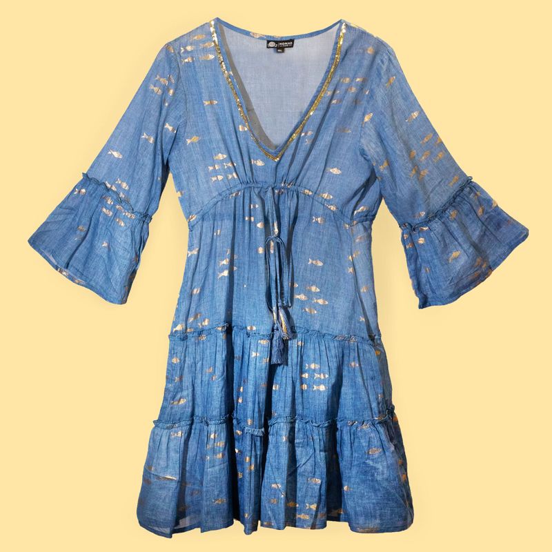 (ML) Nomad Sari  - Dress - Sea Blue & Gold Fish Design