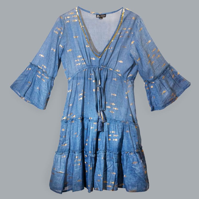 (ML) Nomad Sari  - Dress - Sea Blue & Gold Fish Design