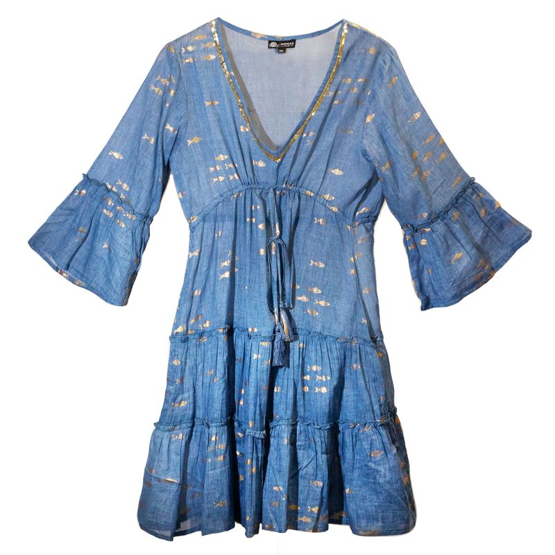 (ML) Nomad Sari  - Dress - Sea Blue & Gold Fish Design