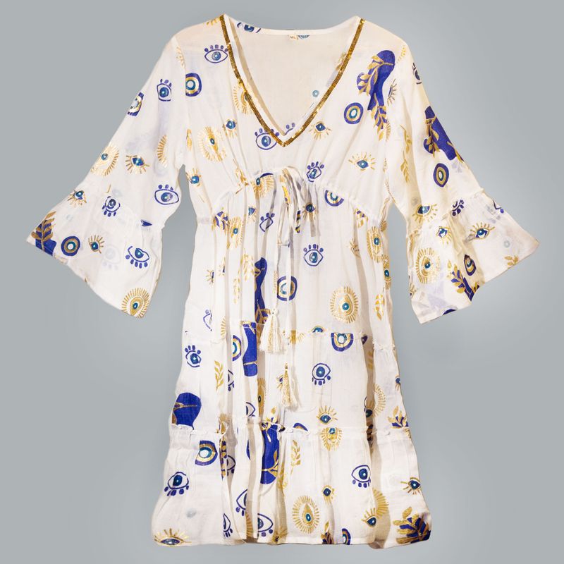 (ML) Nomad Sari  - Dress -  White , Blue & Gold Evil Eye Design