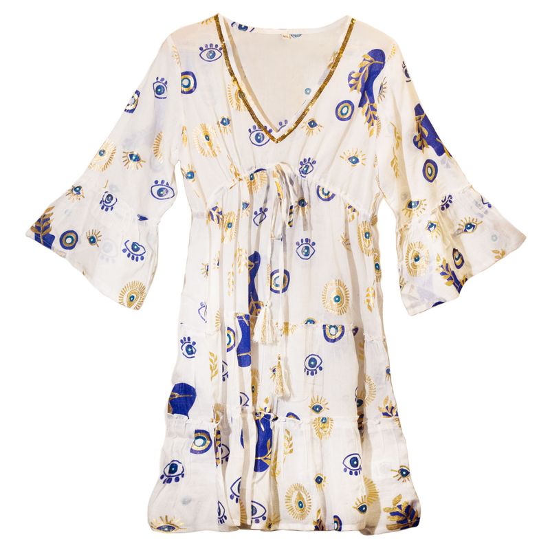 (ML) Nomad Sari  - Dress -  White , Blue & Gold Evil Eye Design