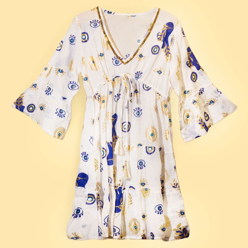 (ML) Nomad Sari  - Dress -  White , Blue & Gold Evil Eye Design