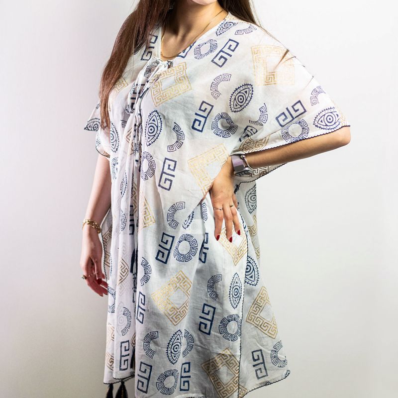 Nomad Sari Kaftan - Gold & Blue Greek Motiff - Handpainted