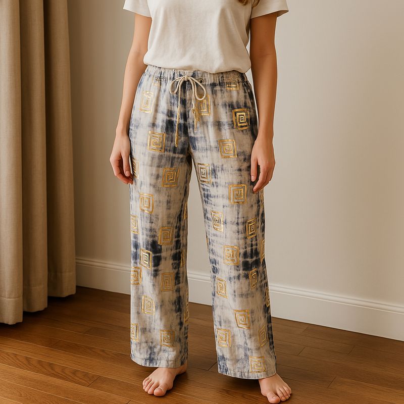 (ML) Nomad Sari  - Lounge Pants - Gold & Blue Greek Motiff - Handpainted