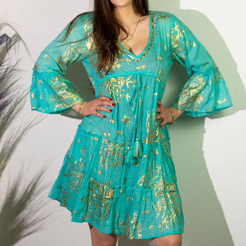 (ML) Nomad Sari  - Dress - Turquoise & Gold Coral Design