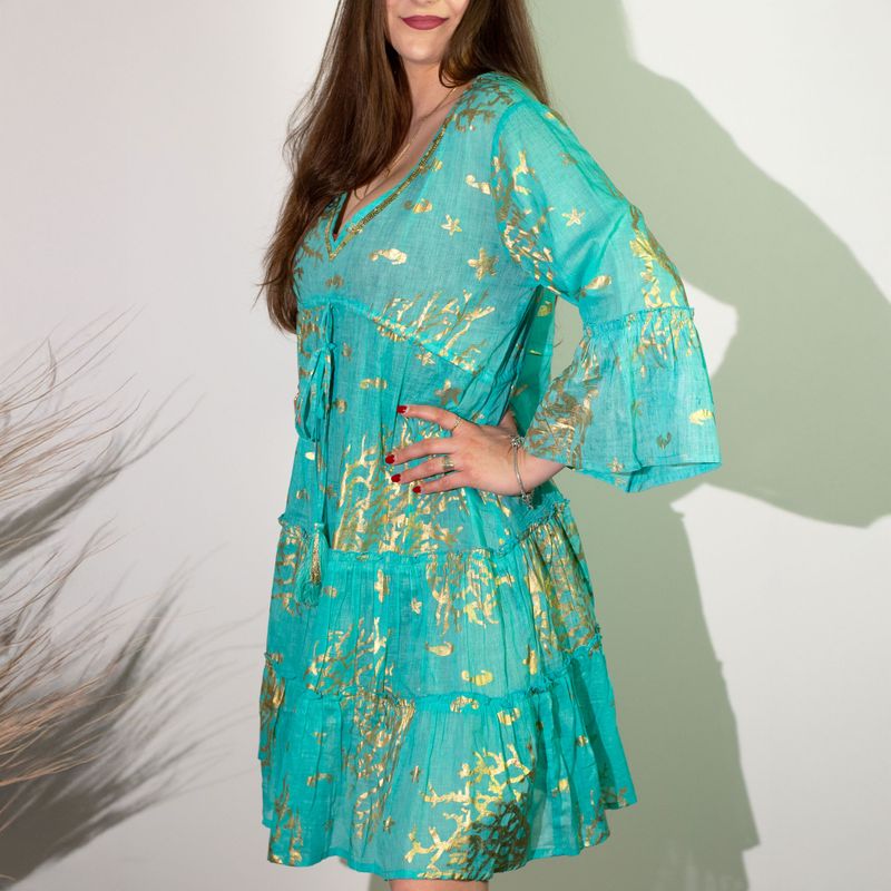 (ML) Nomad Sari  - Dress - Turquoise & Gold Coral Design