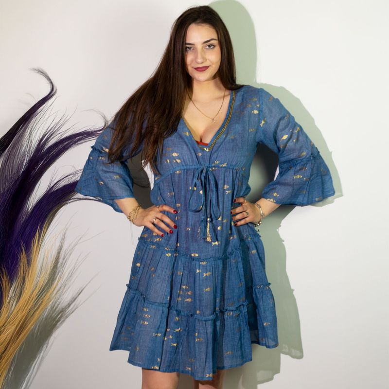 (ML) Nomad Sari  - Dress - Sea Blue & Gold Fish Design