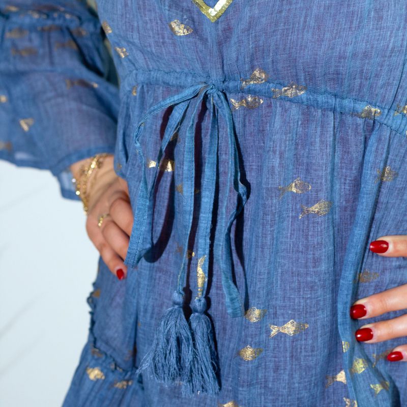 (ML) Nomad Sari  - Dress - Sea Blue & Gold Fish Design