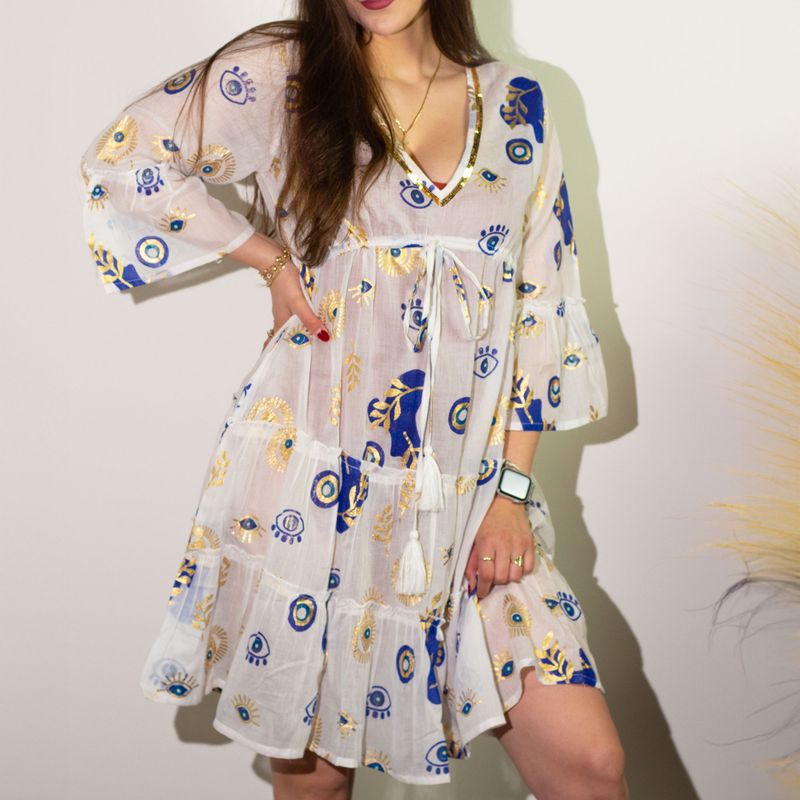 (ML) Nomad Sari  - Dress -  White , Blue & Gold Evil Eye Design