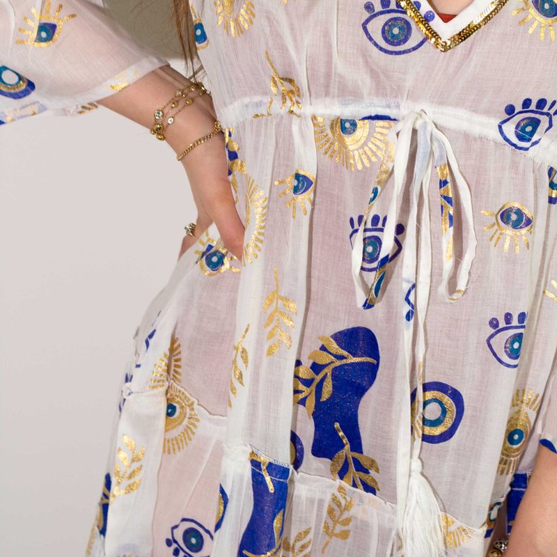 (ML) Nomad Sari  - Dress -  White , Blue & Gold Evil Eye Design