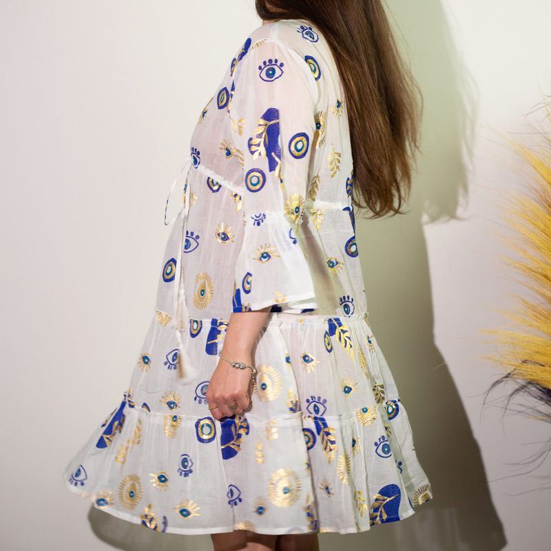 (ML) Nomad Sari  - Dress -  White , Blue & Gold Evil Eye Design