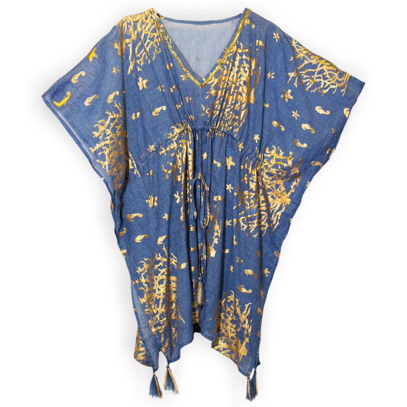 Nomad Sari  Kaftan - Sea Blue & Gold Coral Design