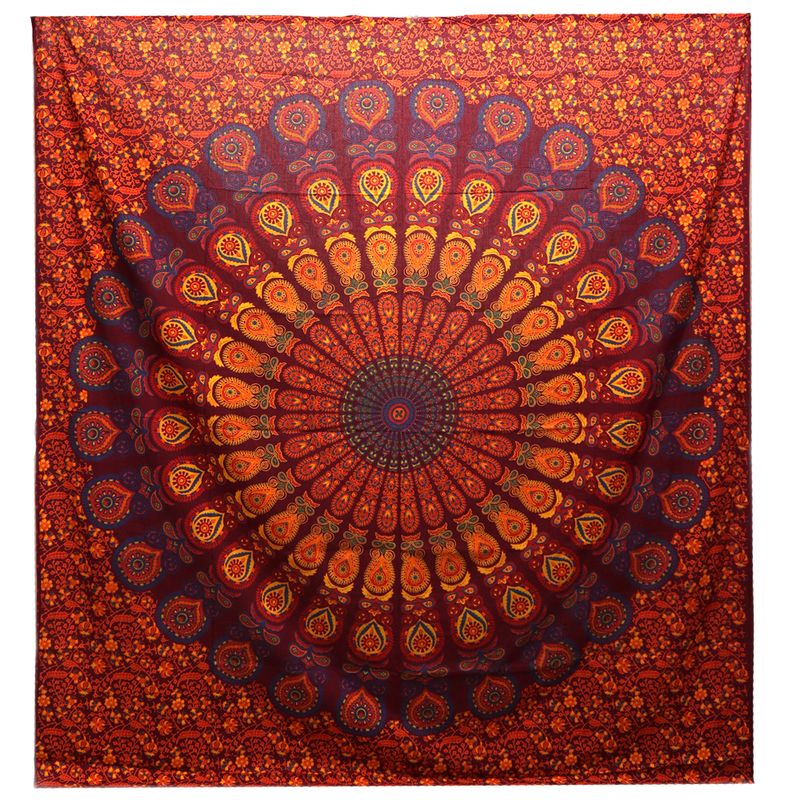 Double Cotton Bedspread + Wall Hanging - Peacock Mandala - Maroon