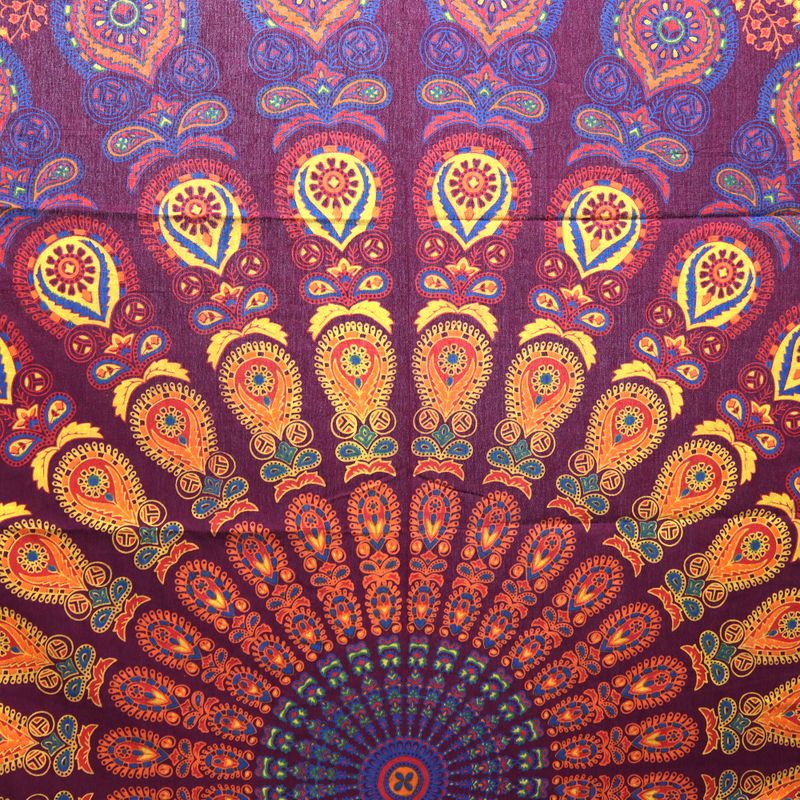 Double Cotton Bedspread + Wall Hanging - Peacock Mandala - Maroon