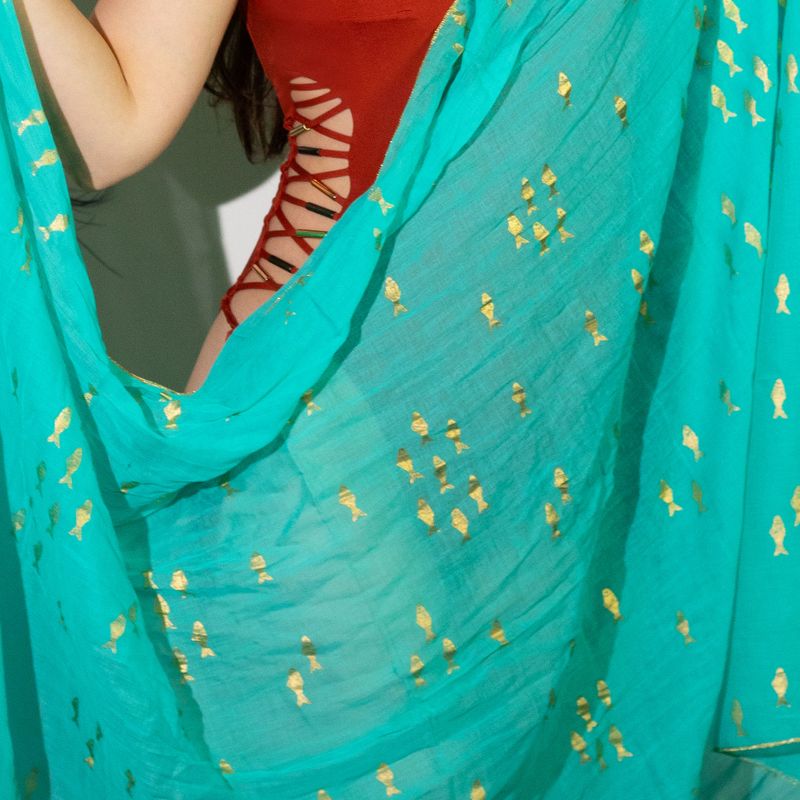 Nomad Sari  Pareo - Turquoise & Gold Fish Design