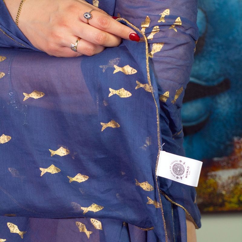 Nomad Sari  Pareo - Sea Blue & Gold Fish Design