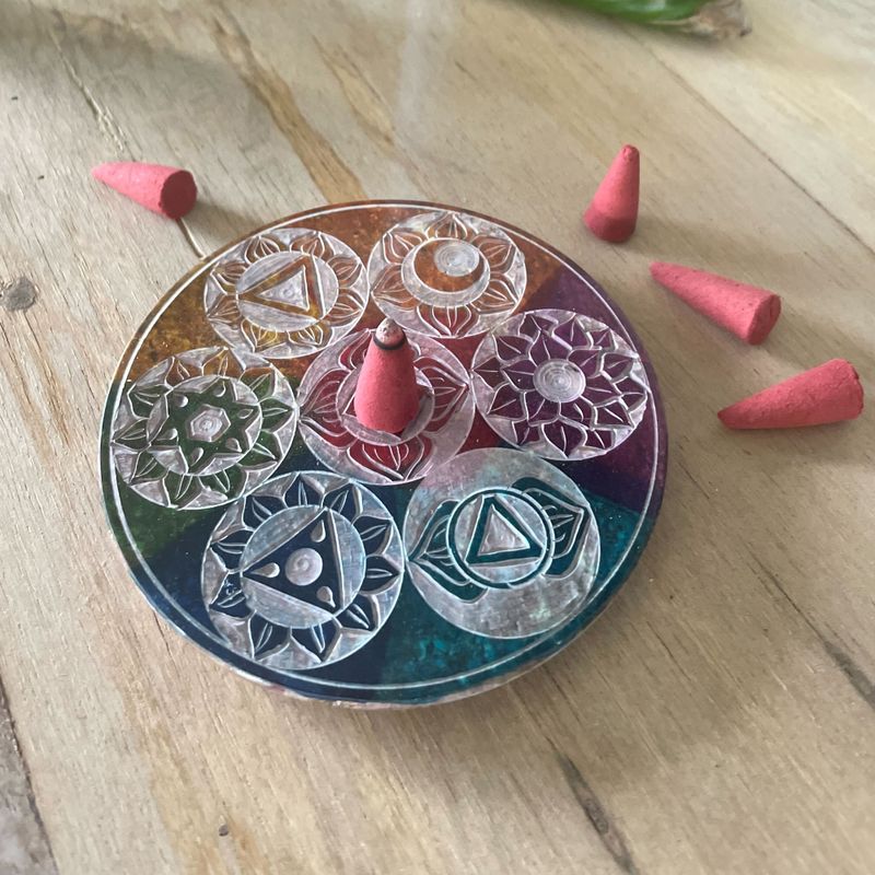 Soapstone Disc Incense cone Holder 10cm - Seven Chakra