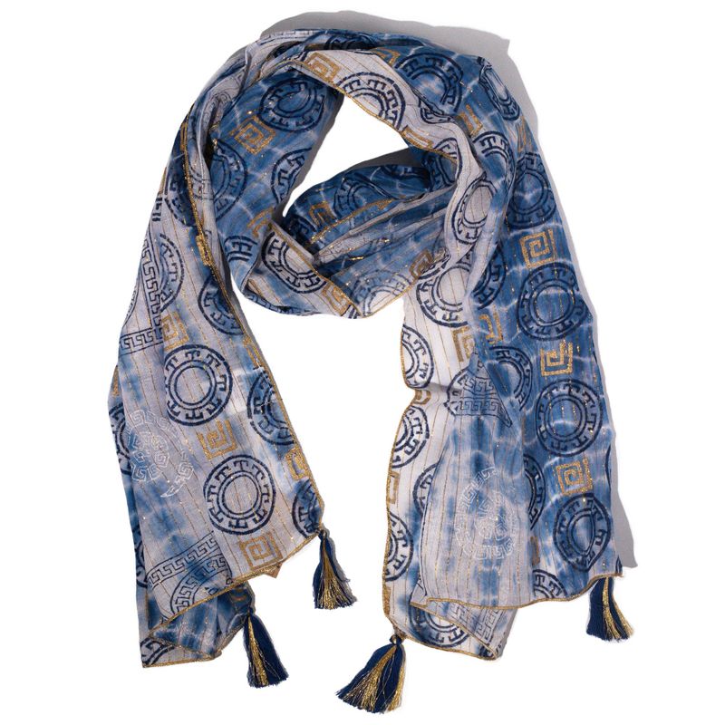 Nomad Sari - Summer Scarf - 180x50cm - Marbella Print - Blue with Gold Trim