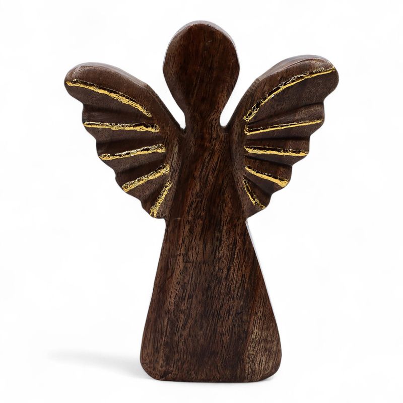 Lrg Mango Wood Angel - Gold Decor - 19cm