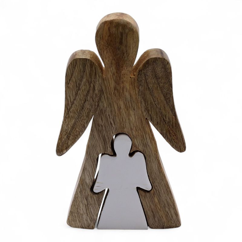 Mango Wood Angel in Angel - White Small Enamel Angel - 15cm
