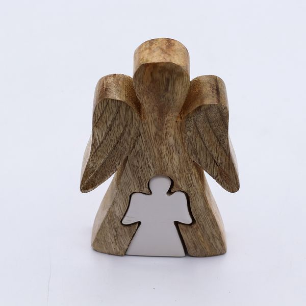 Mango Wood Angel in Angel - White Small Enamel Angel - 15cm