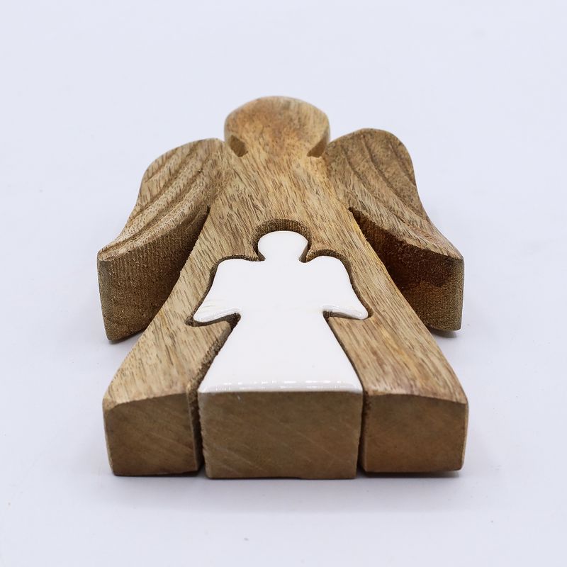 Mango Wood Angel in Angel - White Small Enamel Angel - 15cm