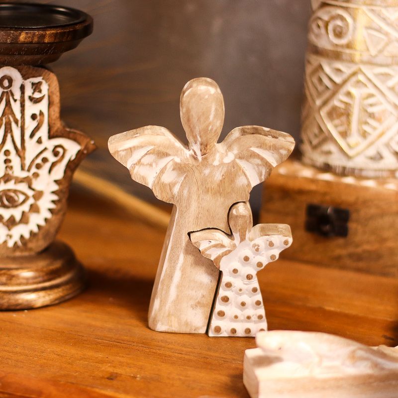 Mango Wood Angel in Angel - Whitewash - 15cm