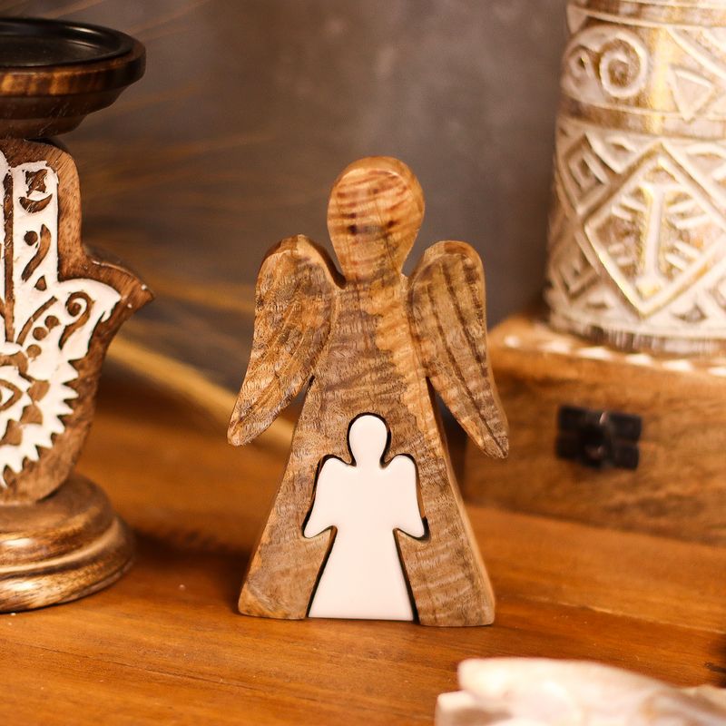 Mango Wood Angel in Angel - White Small Enamel Angel - 15cm