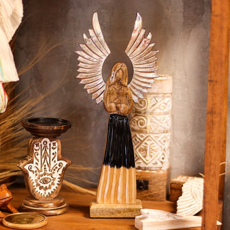 Large Mango Wood Guardian Angel Metal Wings & Enamel Detail - 40cm