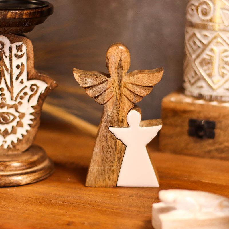 Mango Wood Angel - White Enamel - 15cm