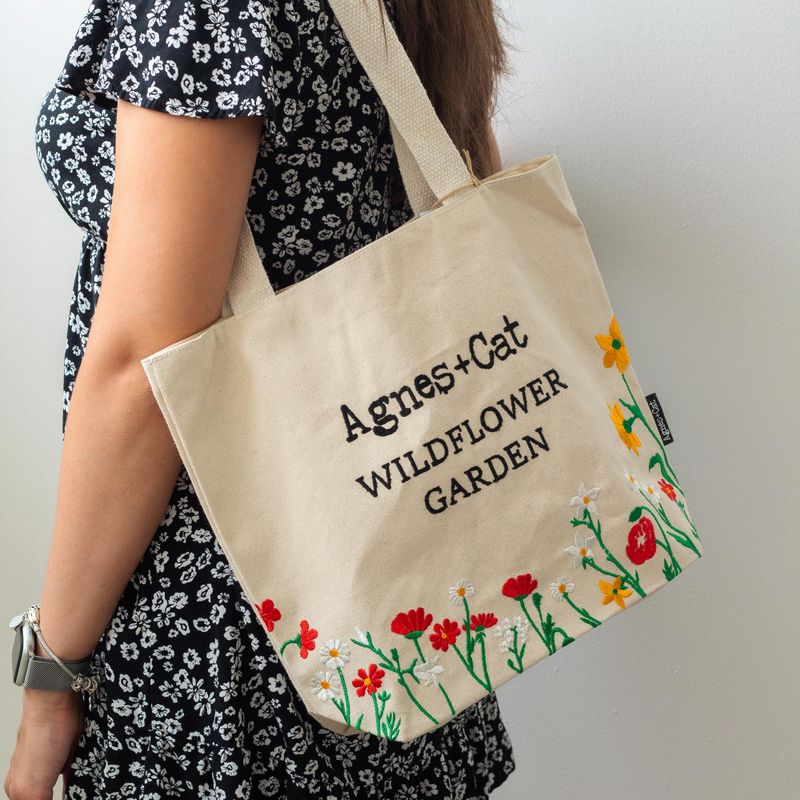 Wildflower Garden with Red Flowers - Natural Cotton Tote with Embroidery