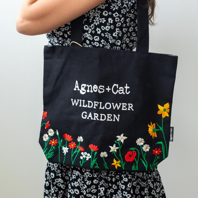 Wildflower Garden - Black Cotton Tote with Embroidery