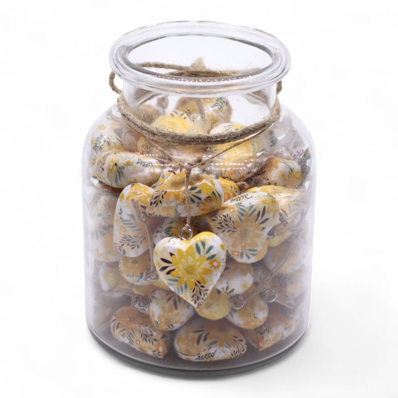 Large Decor Wood Hearts - Yellow Floral - in Display Jar