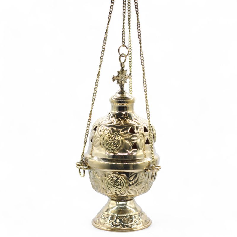 Hanging Brass Incense Burner - Threaded Chain - 16.5x6.5cm (Fine Brass)