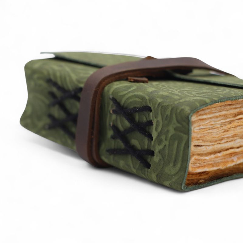 Thick Deckled Edge Leather Notebook (5x3.5") - Green Maze Pattern