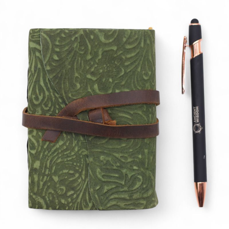 Thick Deckled Edge Leather Notebook (5x3.5") - Green Maze Pattern