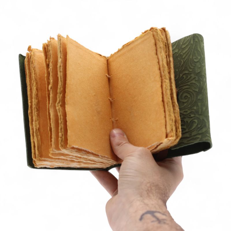 Thick Deckled Edge Leather Notebook (5x3.5") - Green Maze Pattern