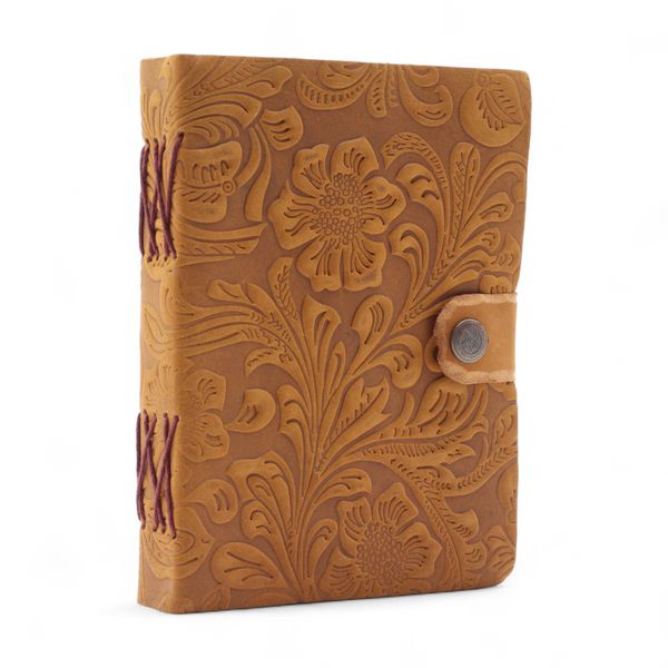 Leather Embossed Notebook (7x5") - Tan Floral Pattern - 200 Pages