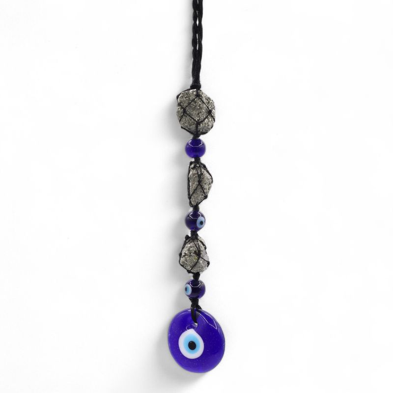 Hanging Stone Pendant - Pyrite Stones & Beads- Evil Eye