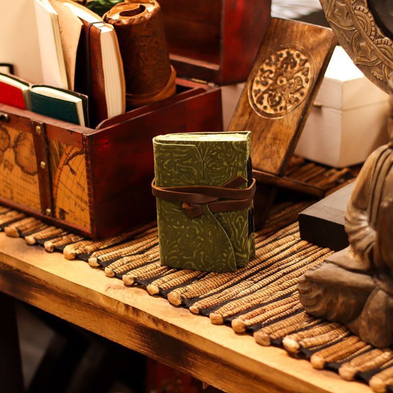 Thick Deckled Edge Leather Notebook (5x3.5") - Green Maze Pattern