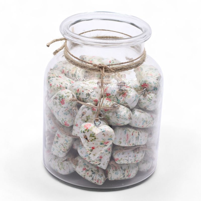 Large Decor Wood Hearts - Victorian Flower - in Display Jar