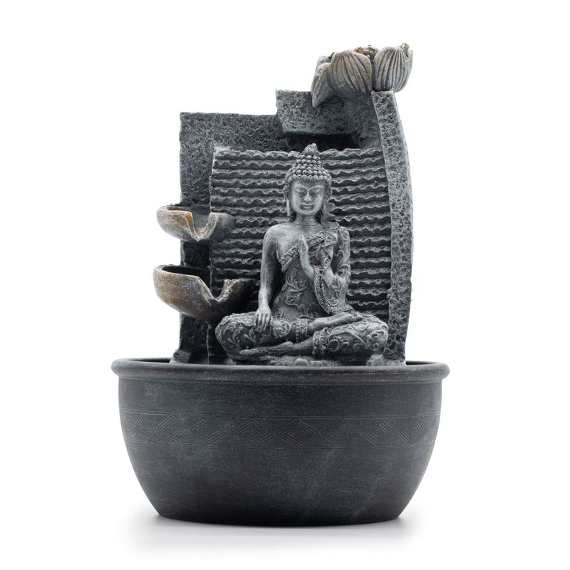 Tabletop Water Feature - 19x19x28cm - Buddha, Lotus Flower Cascading Pots