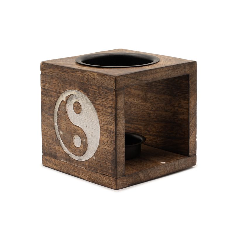 Square Mango Wood Oil Burner  - Yin Yang