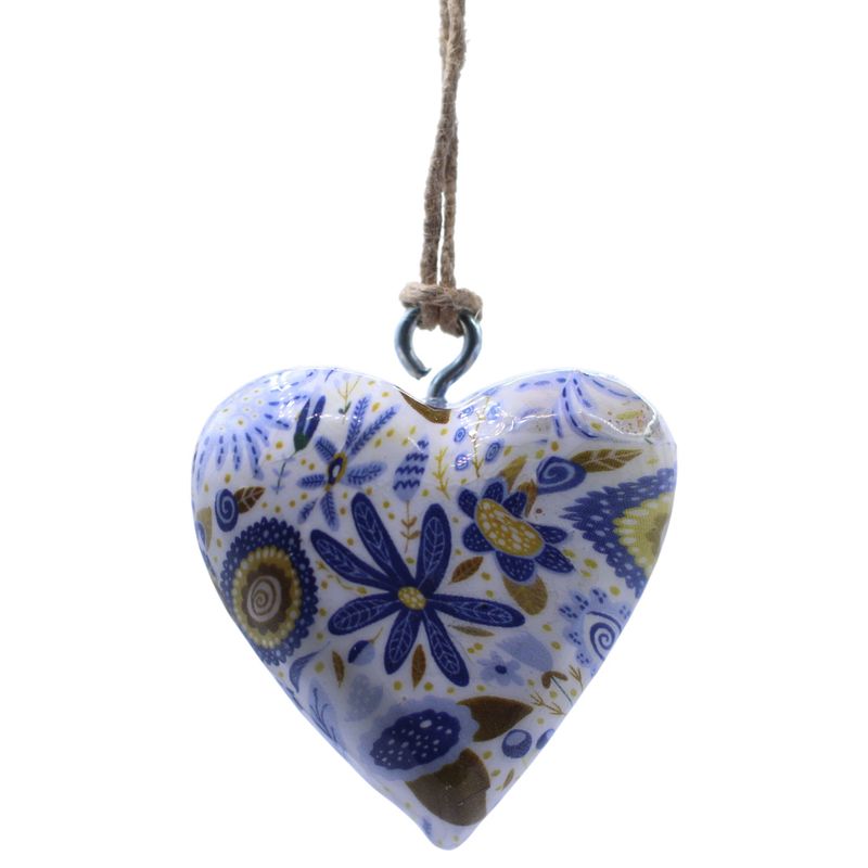 Large Decor Wood Hearts - Blue Floral - in Display Jar