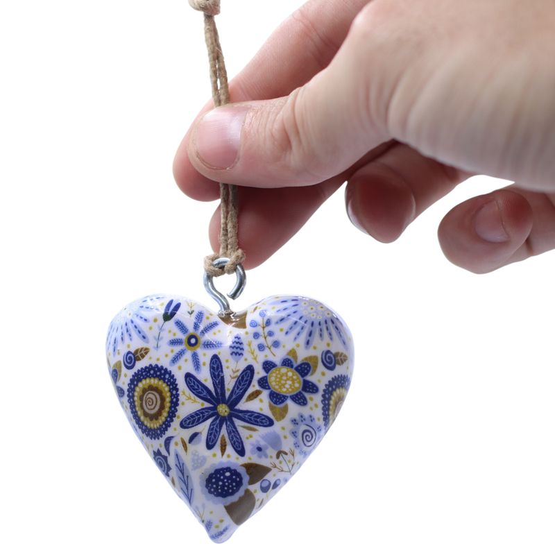 Large Decor Wood Hearts - Blue Floral - in Display Jar