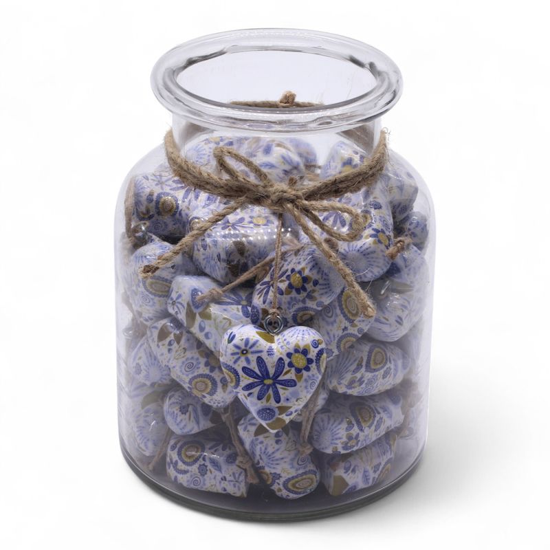 Large Decor Wood Hearts - Blue Floral - in Display Jar